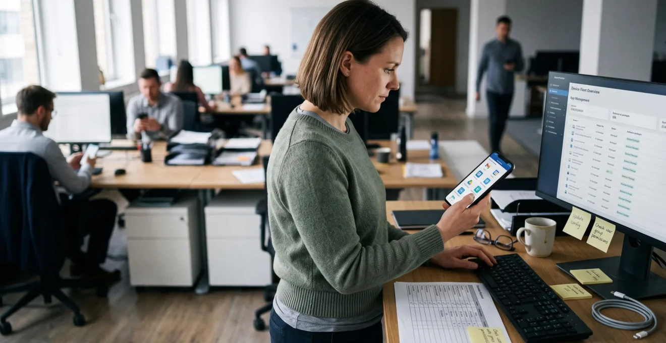 Un administrateur informatique consulte un catalogue d'applications validées sur son smartphone, assis à son poste de travail dans un bureau ouvert.