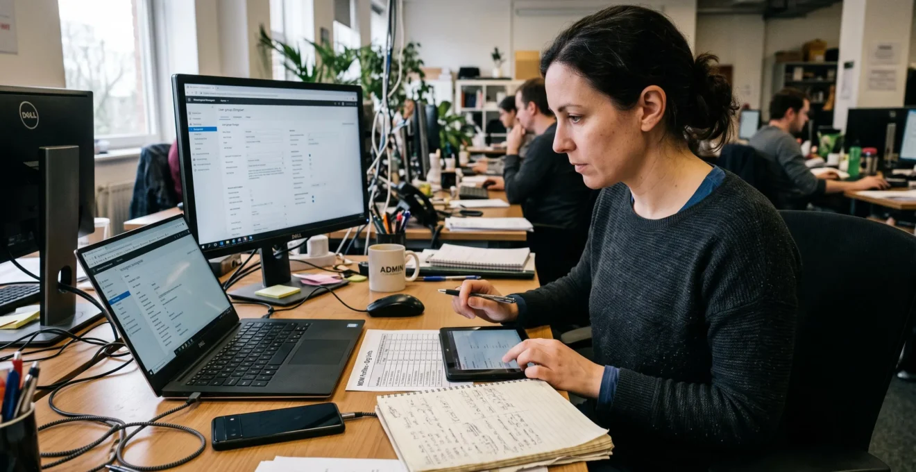 Un administrateur informatique configure des profils de sécurité mobile sur son ordinateur, avec un smartphone et une tablette posés sur le bureau.