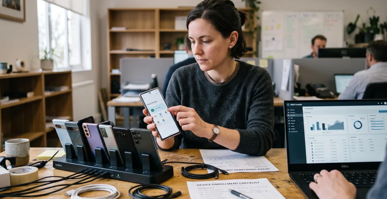 Un administrateur informatique configure un smartphone professionnel affichant un profil de travail séparé, dans un bureau équipé d'une console d'administration.