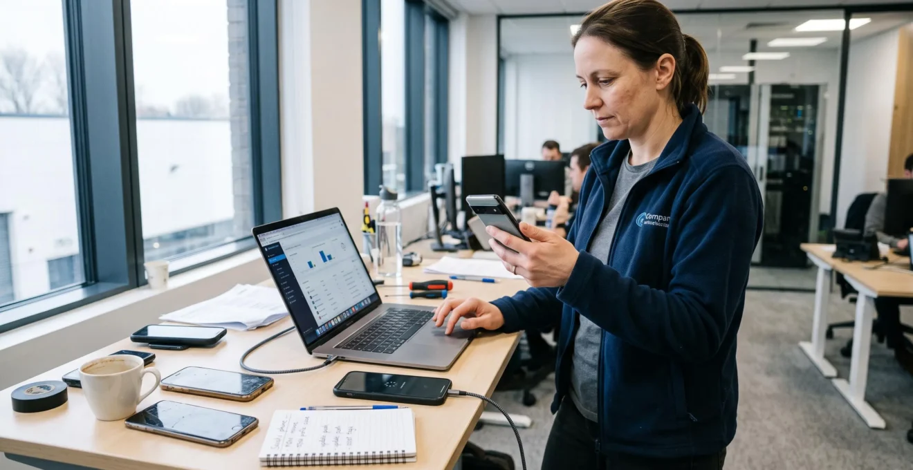 Un administrateur informatique vérifie un smartphone professionnel relié à une console de gestion, avec plusieurs terminaux mobiles posés sur son bureau de travail.
