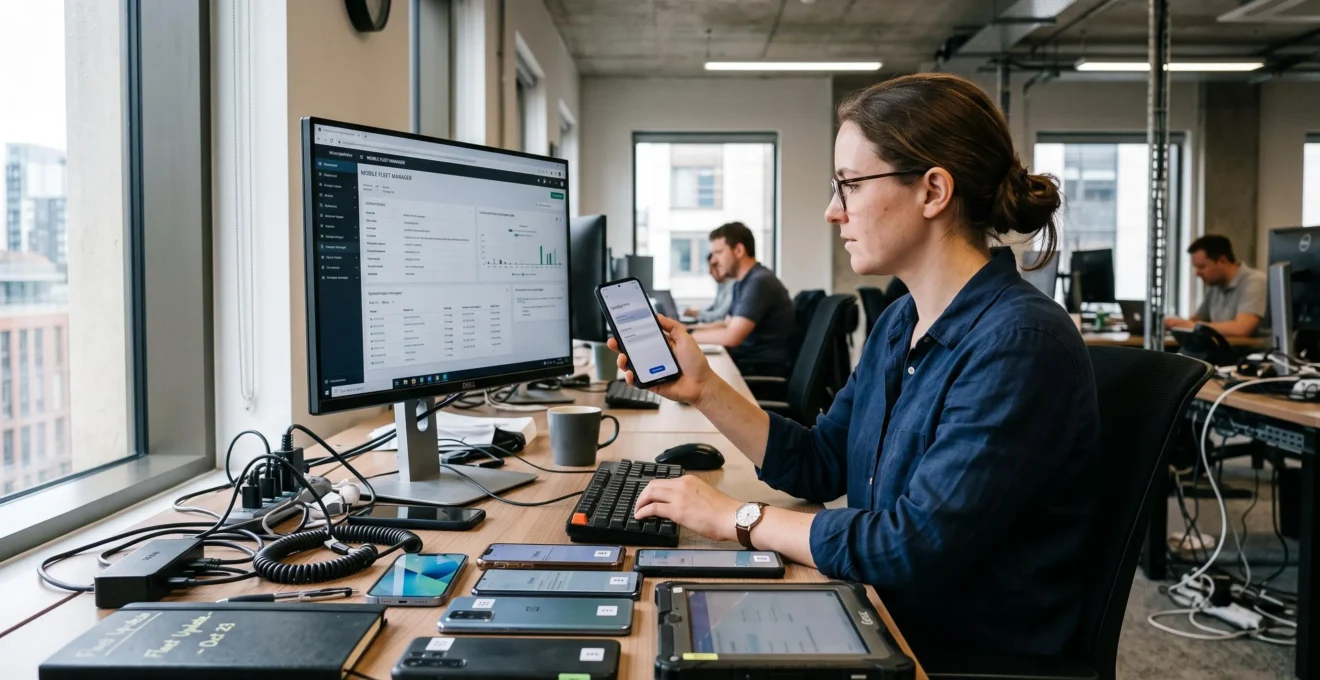 Un administrateur informatique vérifie la configuration d'un smartphone parmi plusieurs appareils mobiles posés sur son bureau devant un écran de gestion.