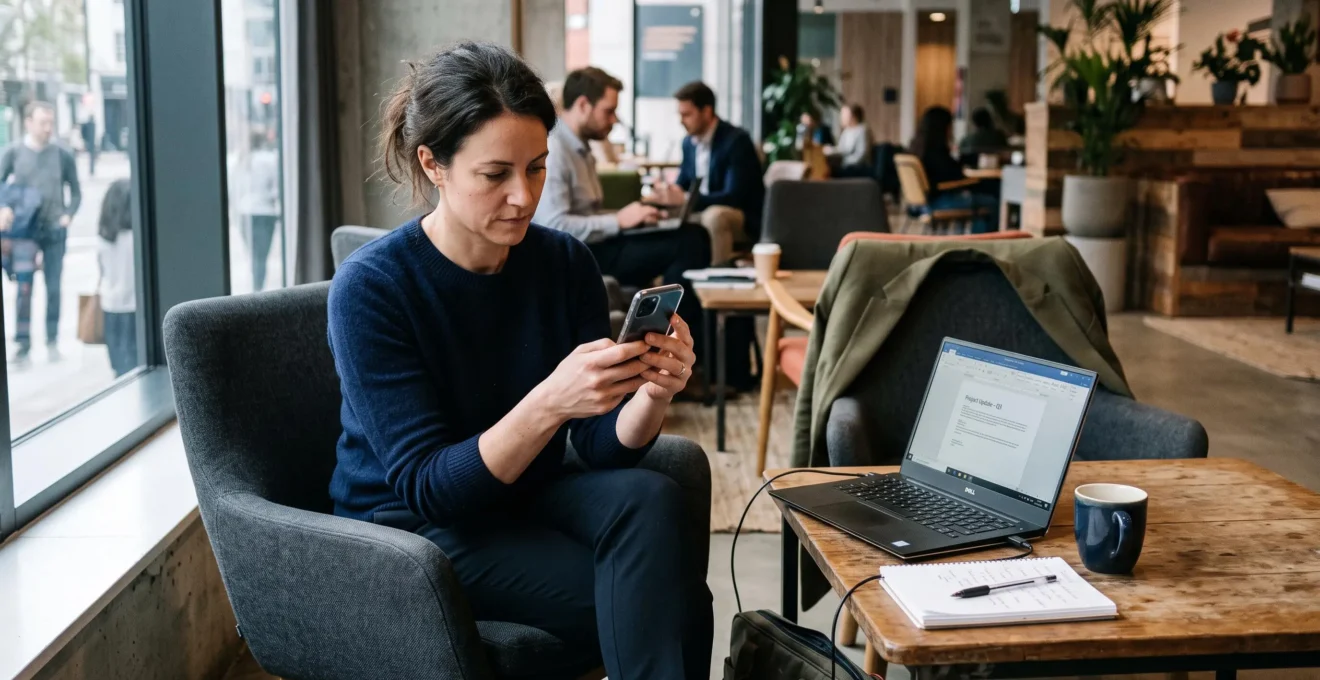 Un collaborateur consulte des fichiers d'entreprise sur son smartphone dans un espace de travail, un ordinateur portable ouvert à côté de lui.