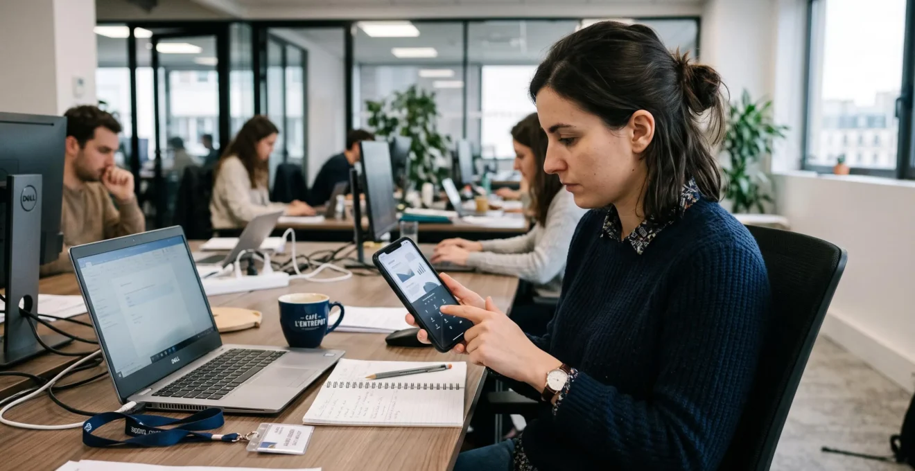 Un collaborateur saisit un code de déverrouillage sur son smartphone au bureau, entouré de son matériel de travail quotidien.