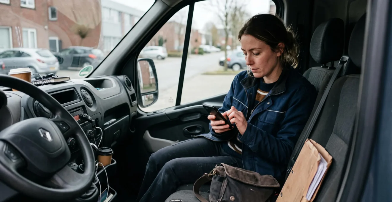 Un commercial assis dans une camionnette garée utilise un seul smartphone entre deux rendez-vous.