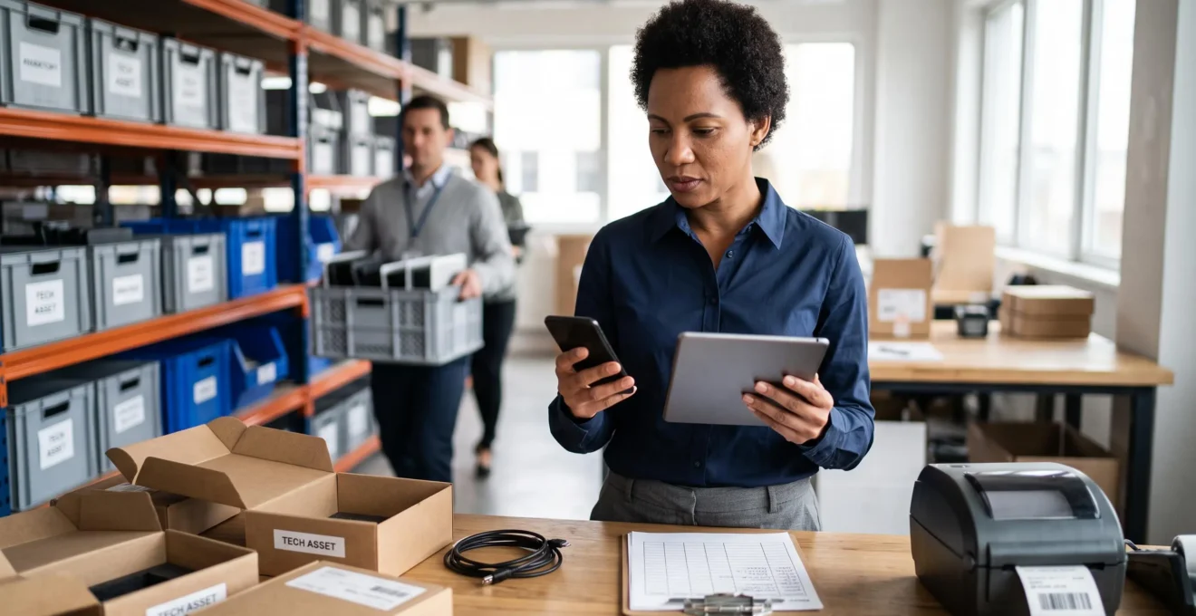 Un responsable informatique compare un smartphone et une tablette sur un comptoir de préparation d'équipements pour la dotation des collaborateurs.