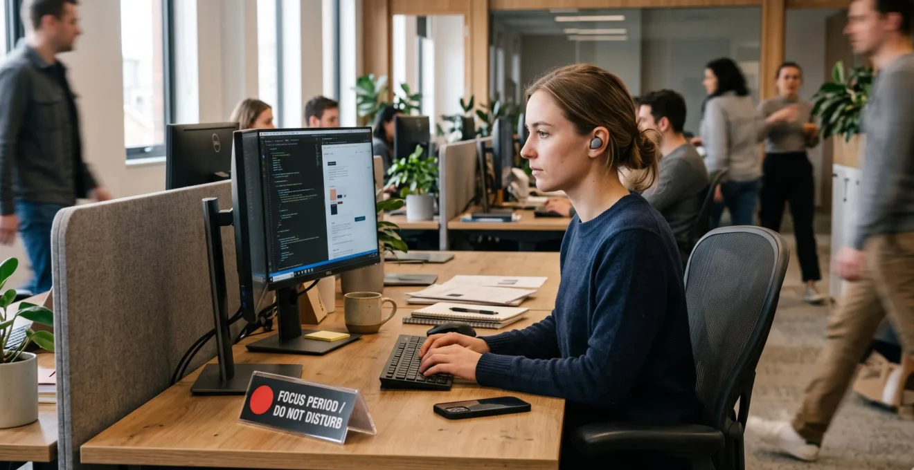Une employée travaille en concentration dans un open space, son smartphone posé face contre la table et un panneau indiquant une période de focus sur son bureau.