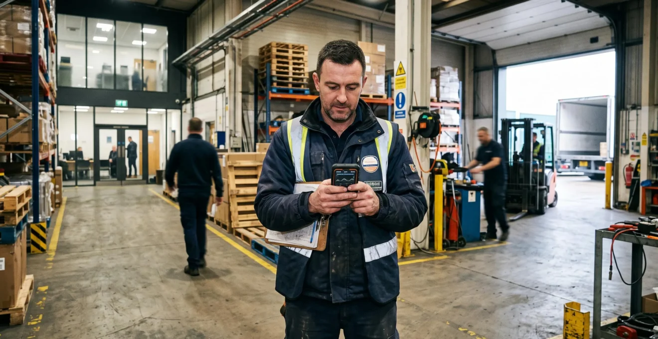 Un responsable terrain consulte des données métier sur son smartphone dans un entrepôt, loin du bureau, pour trancher une décision.
