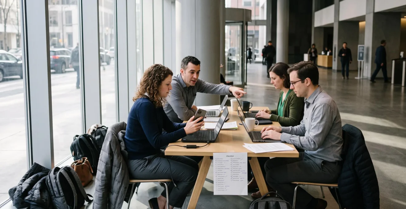 Une équipe d'employés travaille sur ses ordinateurs portables autour d'une table, partageant la connexion d'un smartphone après avoir quitté ses bureaux.