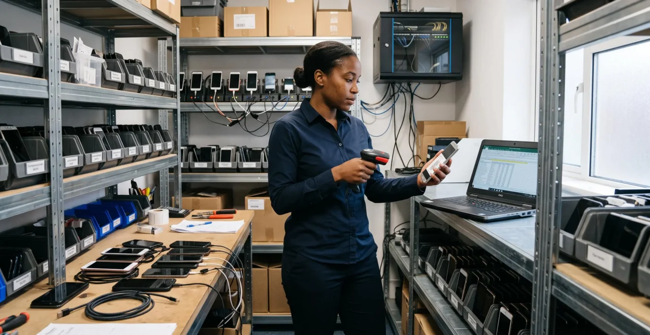 Une gestionnaire de parc informatique vérifie un smartphone professionnel sur une étagère de stockage à l'aide d'un lecteur portable et d'un ordinateur portable.