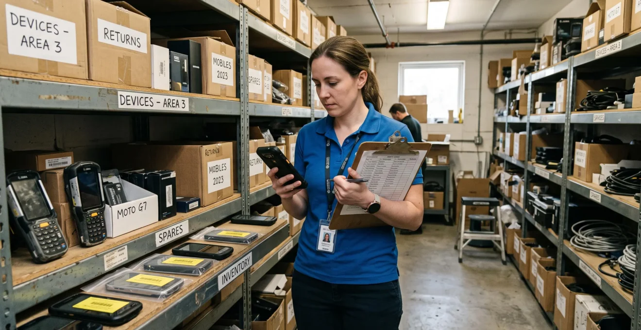 Un technicien informatique vérifie un smartphone professionnel dans une réserve où sont rangés des terminaux et des boîtes d'inventaire.