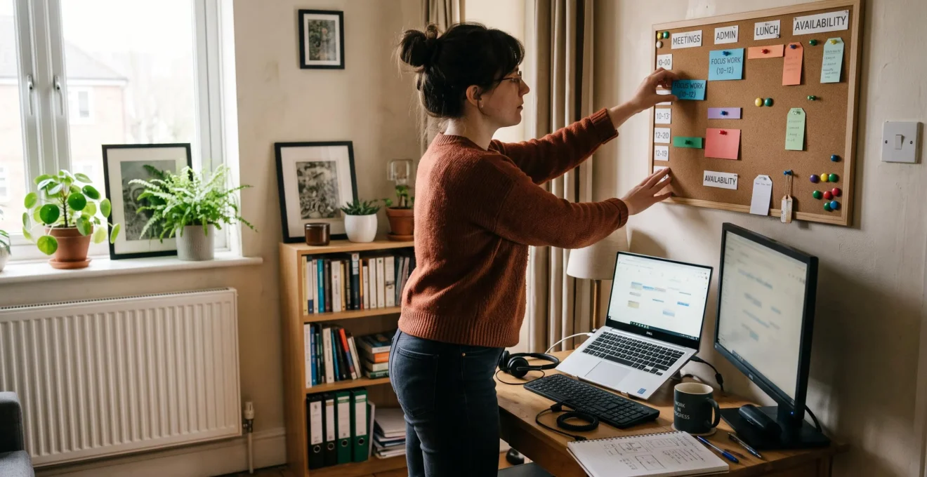 Une salariée organise des plages horaires colorées sur un planning mural dans son bureau à domicile, ordinateur ouvert sur le bureau.