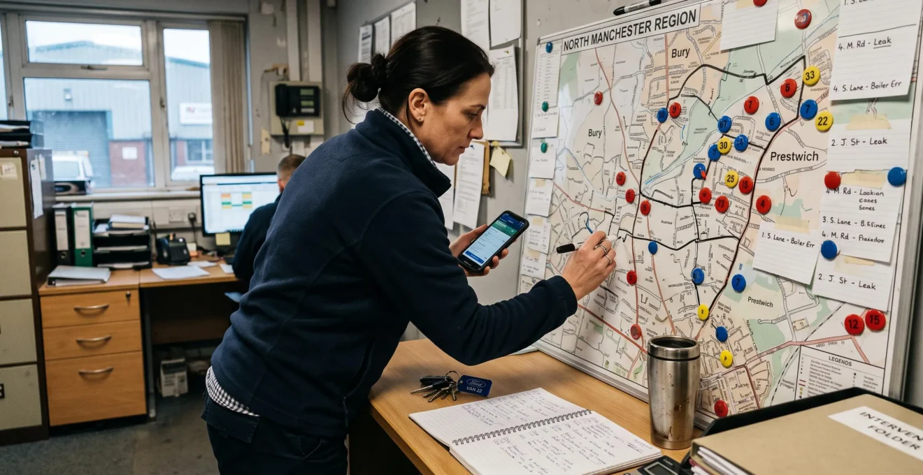 Un planificateur d'interventions trace une tournée sur une carte murale couverte d'aimants et de notes, un smartphone à la main, dans un bureau d'agence.