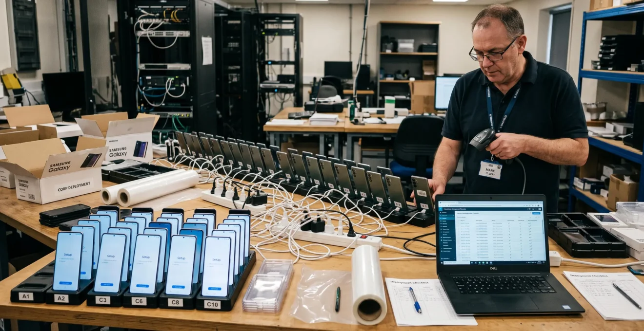 Un technicien informatique enregistre un smartphone par numérotation sur une table où des dizaines de terminaux sont alignés et connectés, dans une salle de préparation informatique.