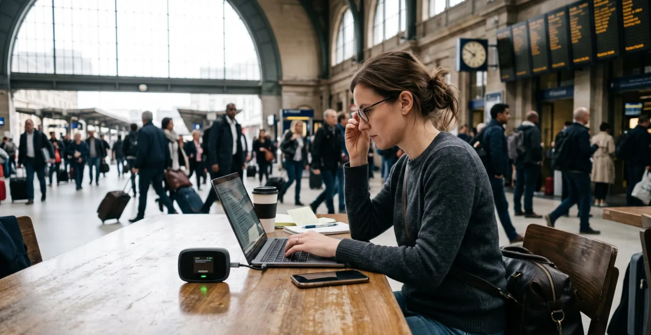 Un professionnel travaille sur un ordinateur portable dans une gare, connecté via un petit hotspot mobile posé sur la table plutôt que via le Wi-Fi public.