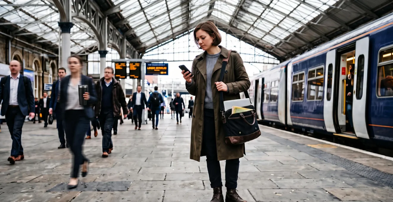 Un professionnel en déplacement attend sur un quai de gare, smartphone en main et sac d'ordinateur sur l'épaule.