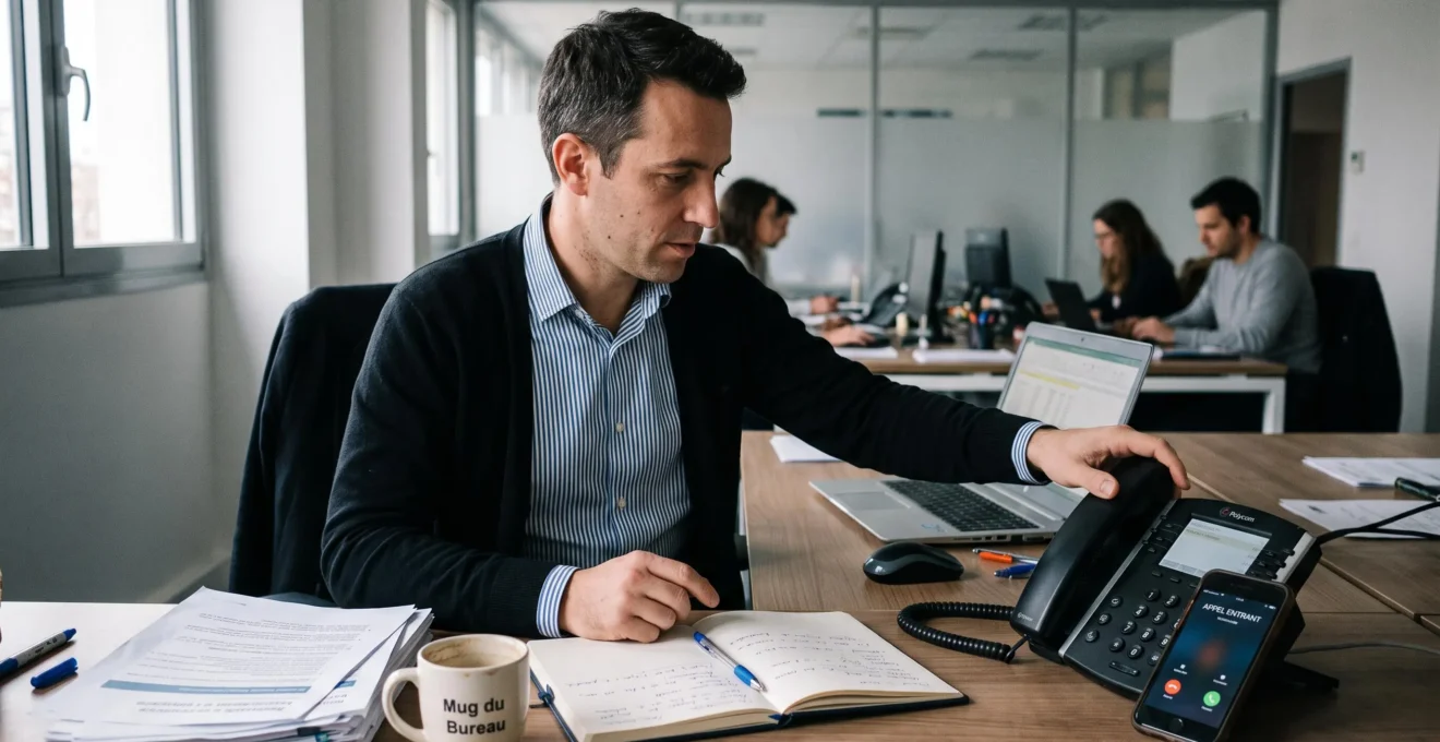 Un professionnel au bureau décroche son téléphone fixe pendant que son smartphone sonne à côté de son ordinateur portable.