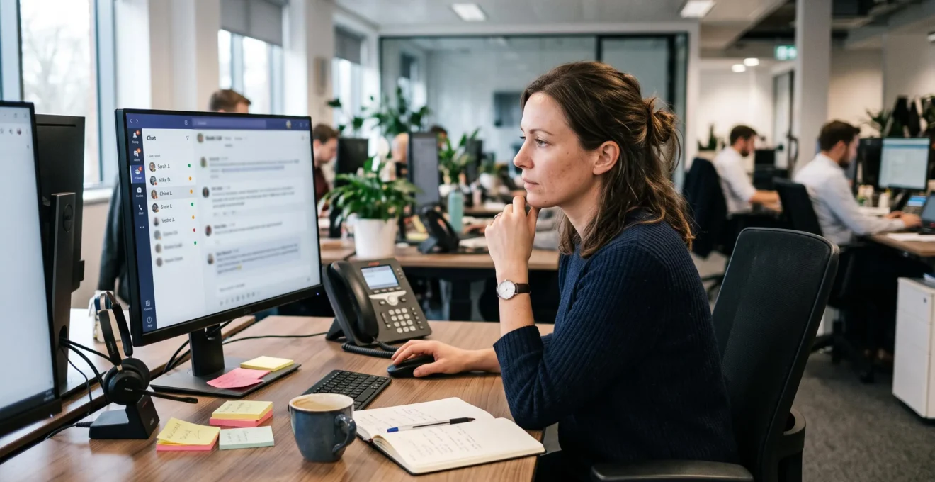 Un salarié consulte sur son écran la liste des statuts de disponibilité de ses collègues avant de les contacter.