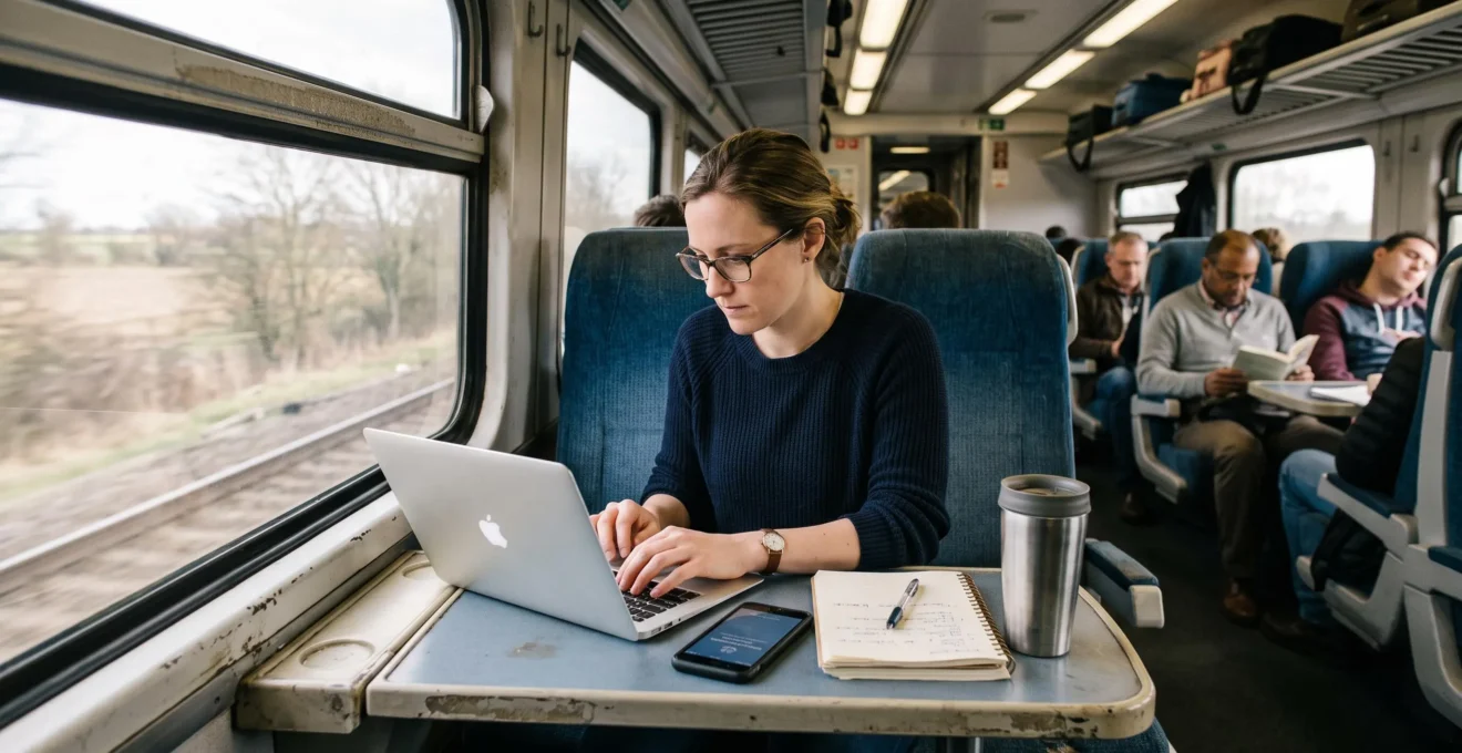 Une salariée travaille sur un ordinateur portable dans un train, son smartphone posé à côté d'un carnet de notes.