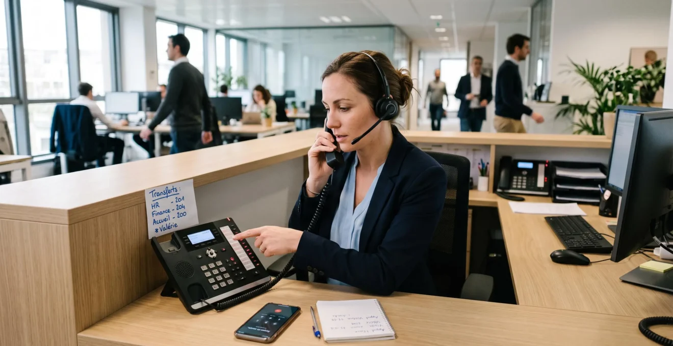 Une employée de standard téléphonique équipée d'un casque répond à un appel sur un téléphone de bureau dans un open-space, avec un smartphone posé à côté d'elle.