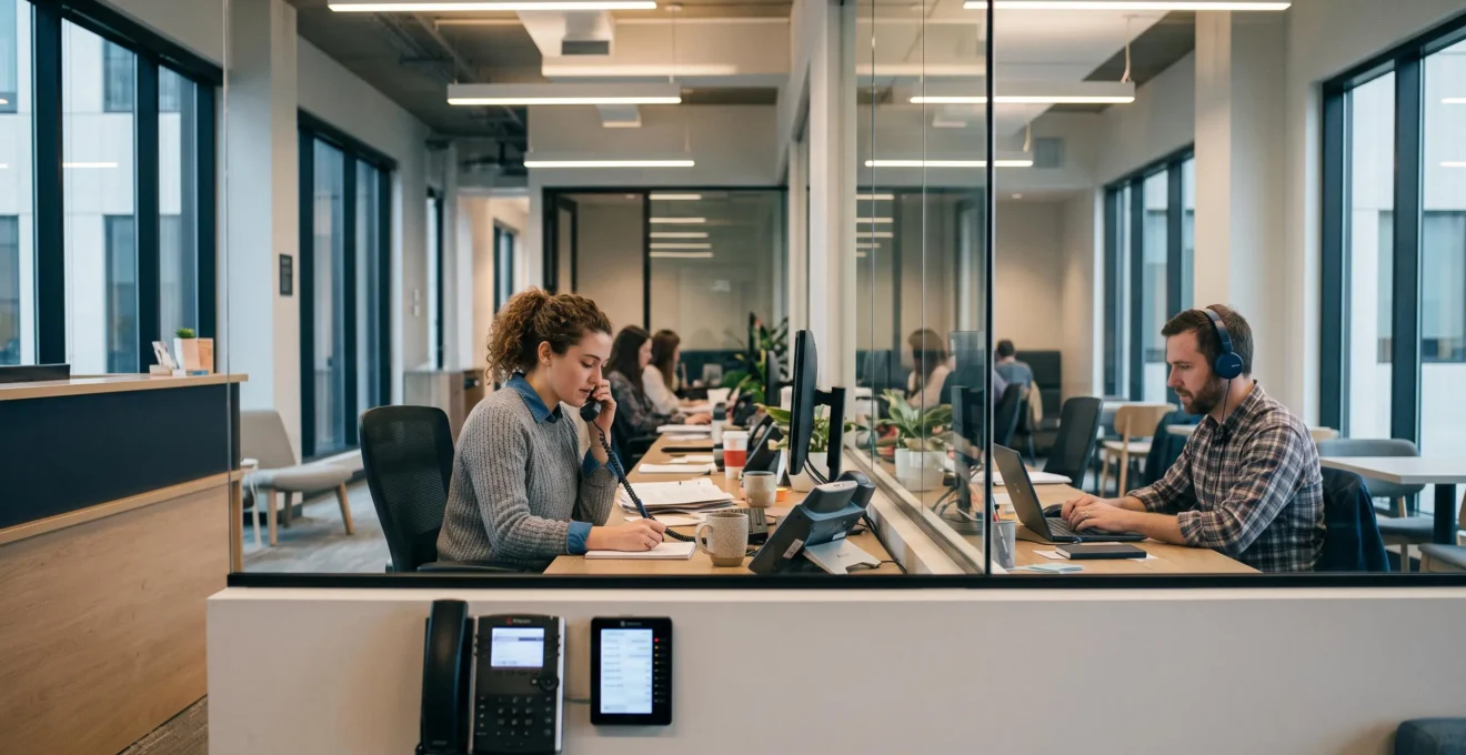 Une employée décroche un téléphone de bureau dans un open space tandis qu'une collègue travaille avec un casque dans un autre espace du même bâtiment.