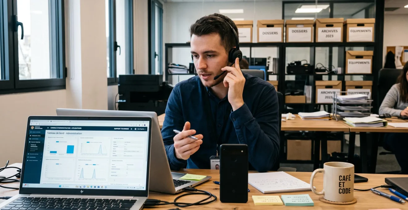 Un technicien du support informatique au casque téléphonique guide à distance un collaborateur mobile depuis son bureau, un smartphone et un portable ouverts devant lui.