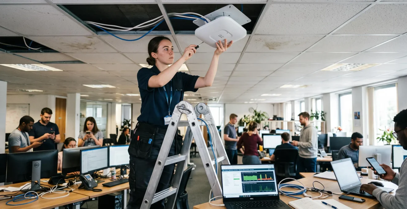 Un technicien réseau ajuste un point d'accès Wi-Fi au plafond d'un open space où des collaborateurs utilisent smartphones et ordinateurs portables.