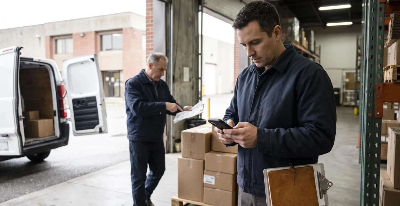 Un technicien consulte des données métier sur son smartphone dans un entrepôt pendant qu'un collègue retourne vers les bureaux avec un document papier.