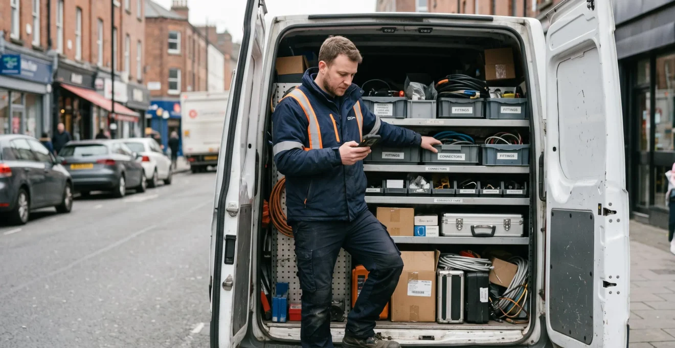 Un technicien itinérant consulte son planning d'interventions sur son téléphone à côté de sa camionnette de service ouverte