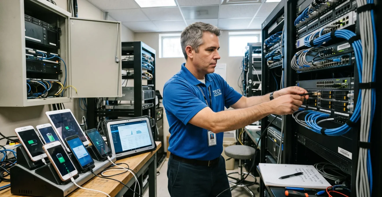 Un technicien met à niveau un équipement dans une baie d'infrastructure mobile, avec des terminaux connectés sur une station de gestion à côté de lui.