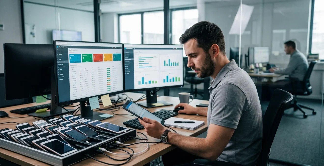 Un technicien informatique vérifie une tablette tout en consultant une console de gestion affichant l'état d'un parc de terminaux.