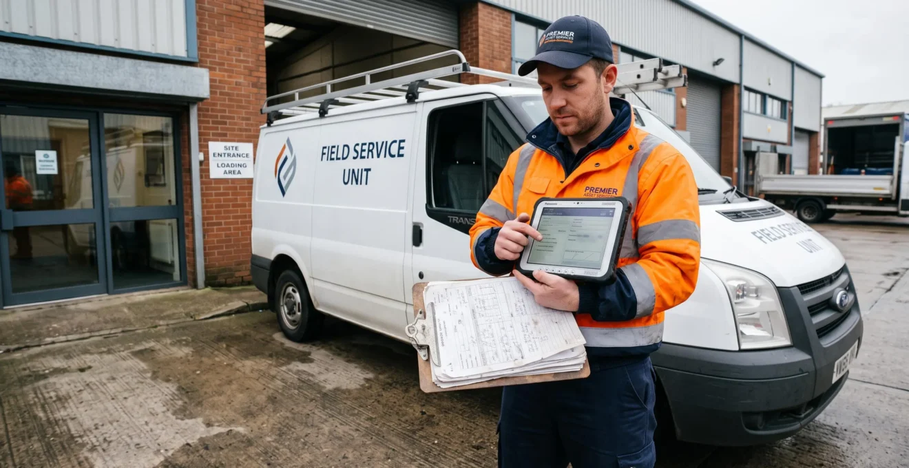Un technicien complète un rapport d'intervention numérique sur tablette à côté de son véhicule utilitaire devant un site client.