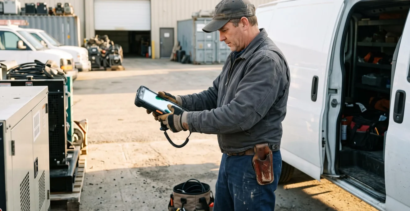 Un technicien en vêtement de travail scanne un code-barres avec un terminal mobile professionnel holstéré à sa ceinture, à côté de son véhicule d'intervention.