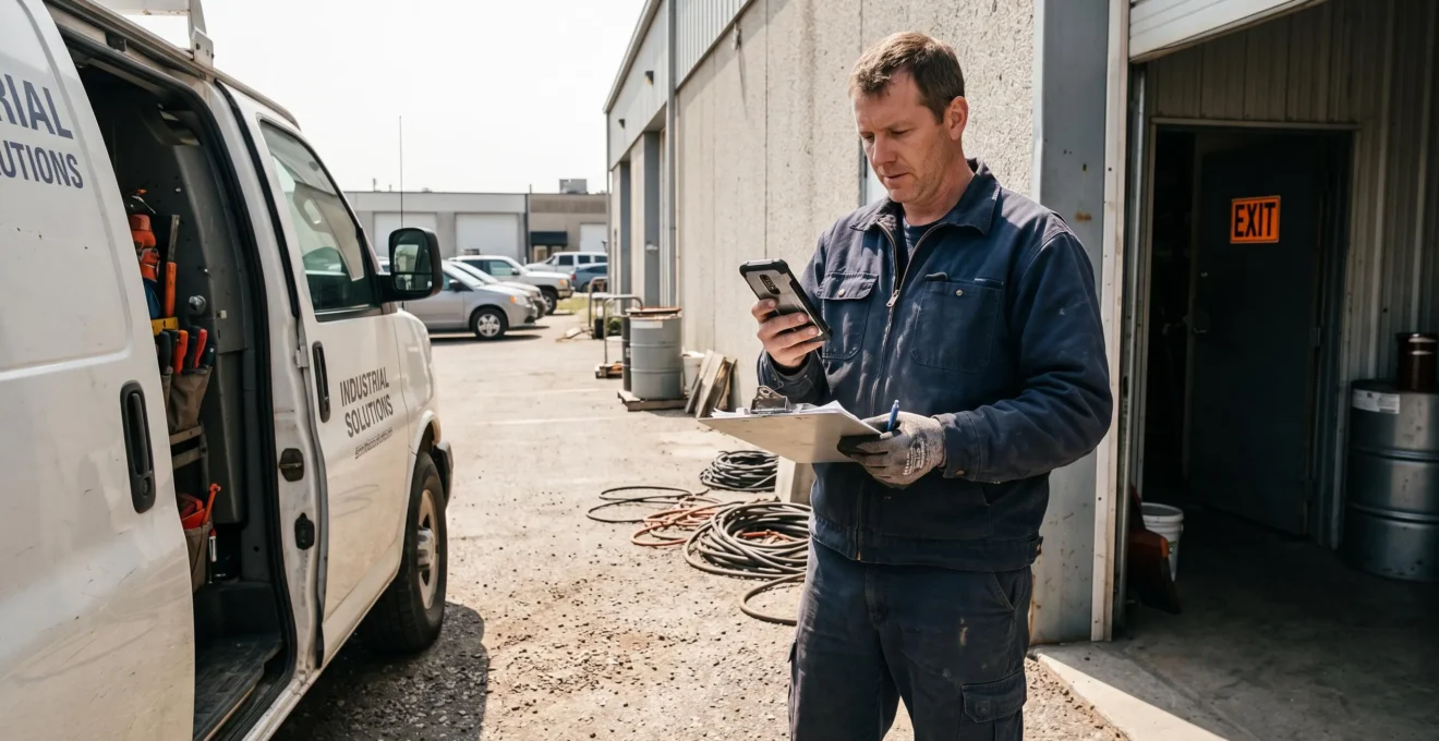 Un technicien en tenue de travail utilise une application mobile professionnelle sur un smartphone durci, debout à côté de son véhicule d'intervention devant un bâtiment industriel.