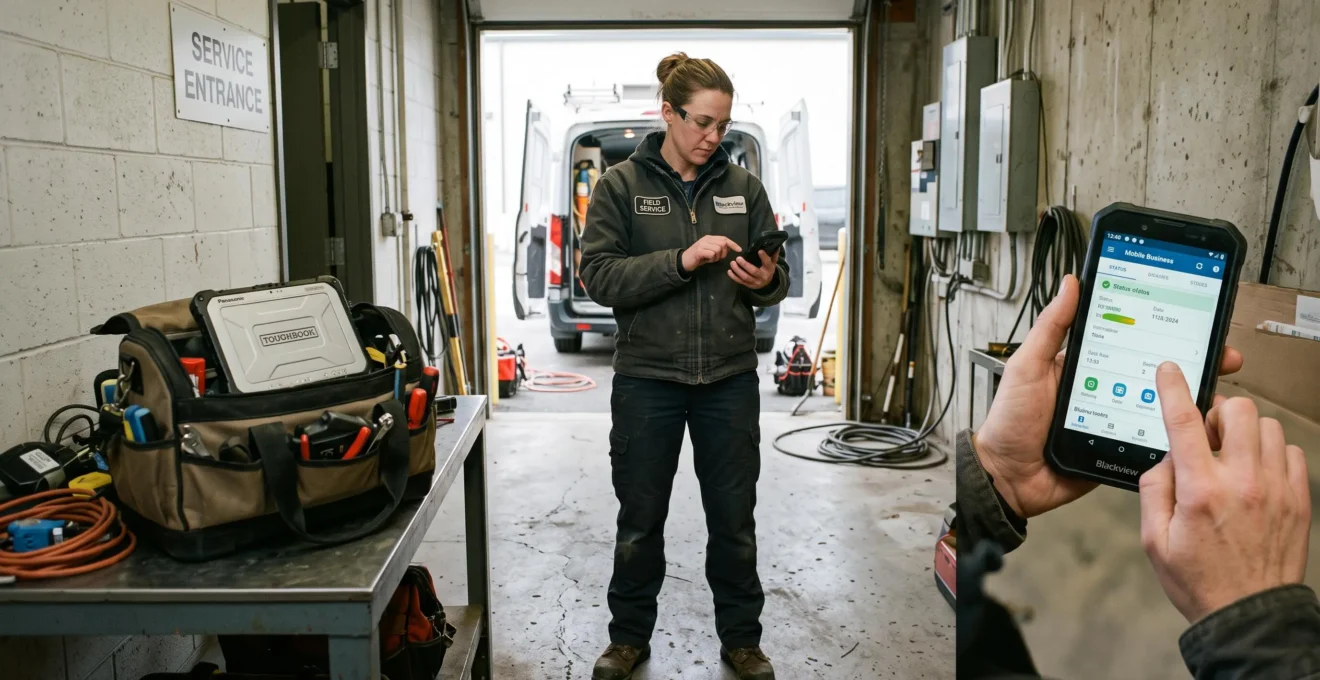 Un technicien en tenue de travail consulte une application métier sur son smartphone lors d'une intervention sur le terrain.