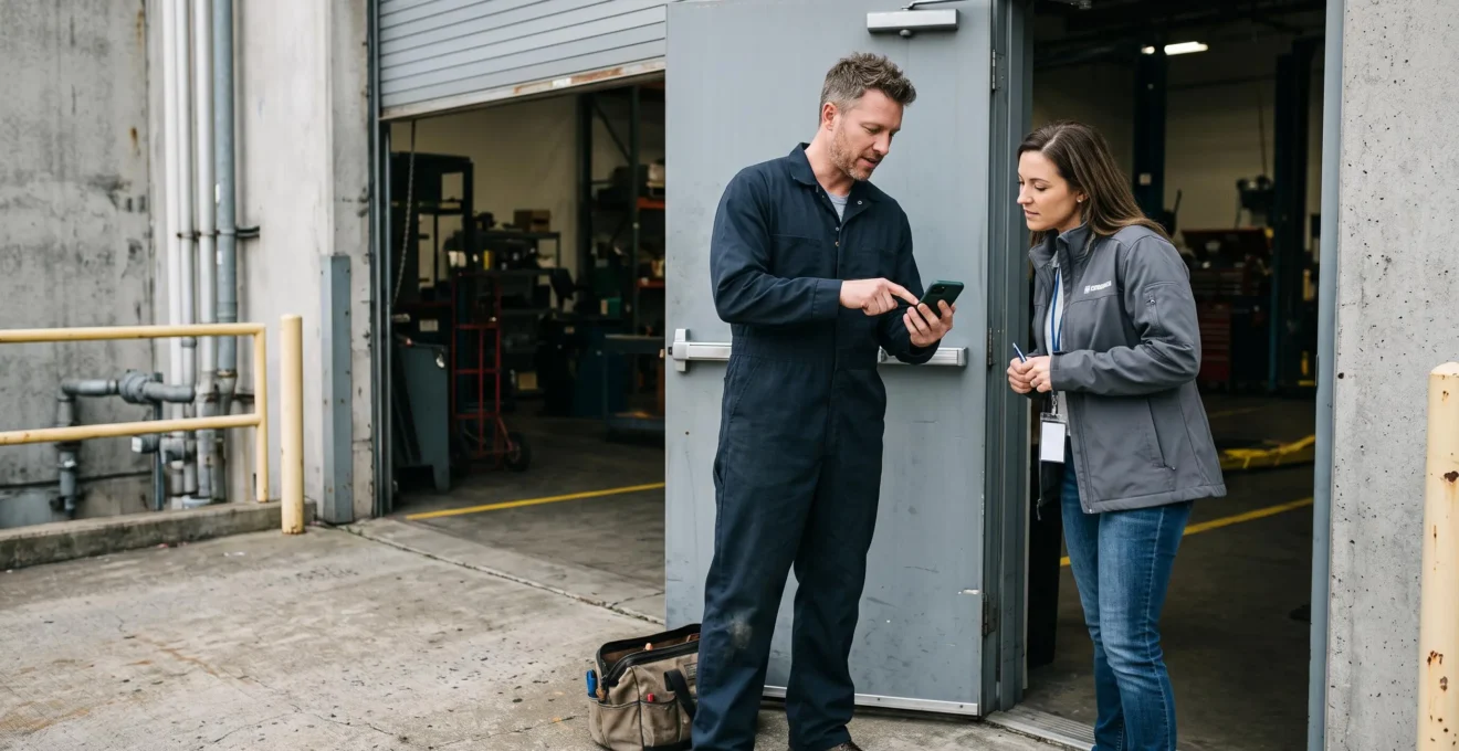 Un technicien présente sur son téléphone le rapport d'une intervention terminée à un client devant un local technique.