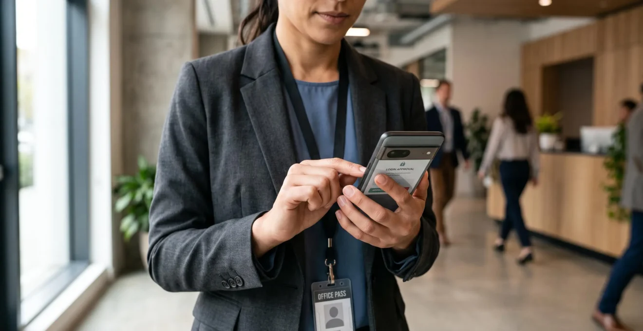 Un collaborateur valide sur son smartphone une demande de connexion professionnelle affichée à l'écran, dans le hall d'un bureau.
