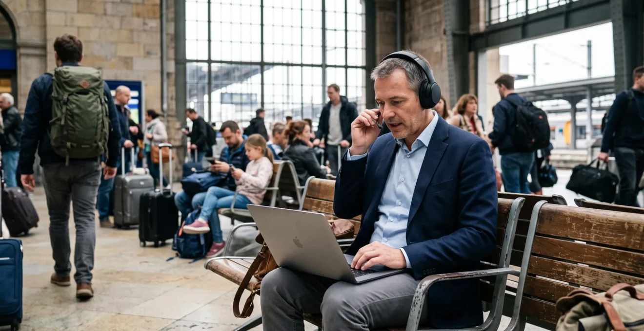 Un professionnel en déplacement participe à une visioconférence au casque depuis le hall d'une gare animée.